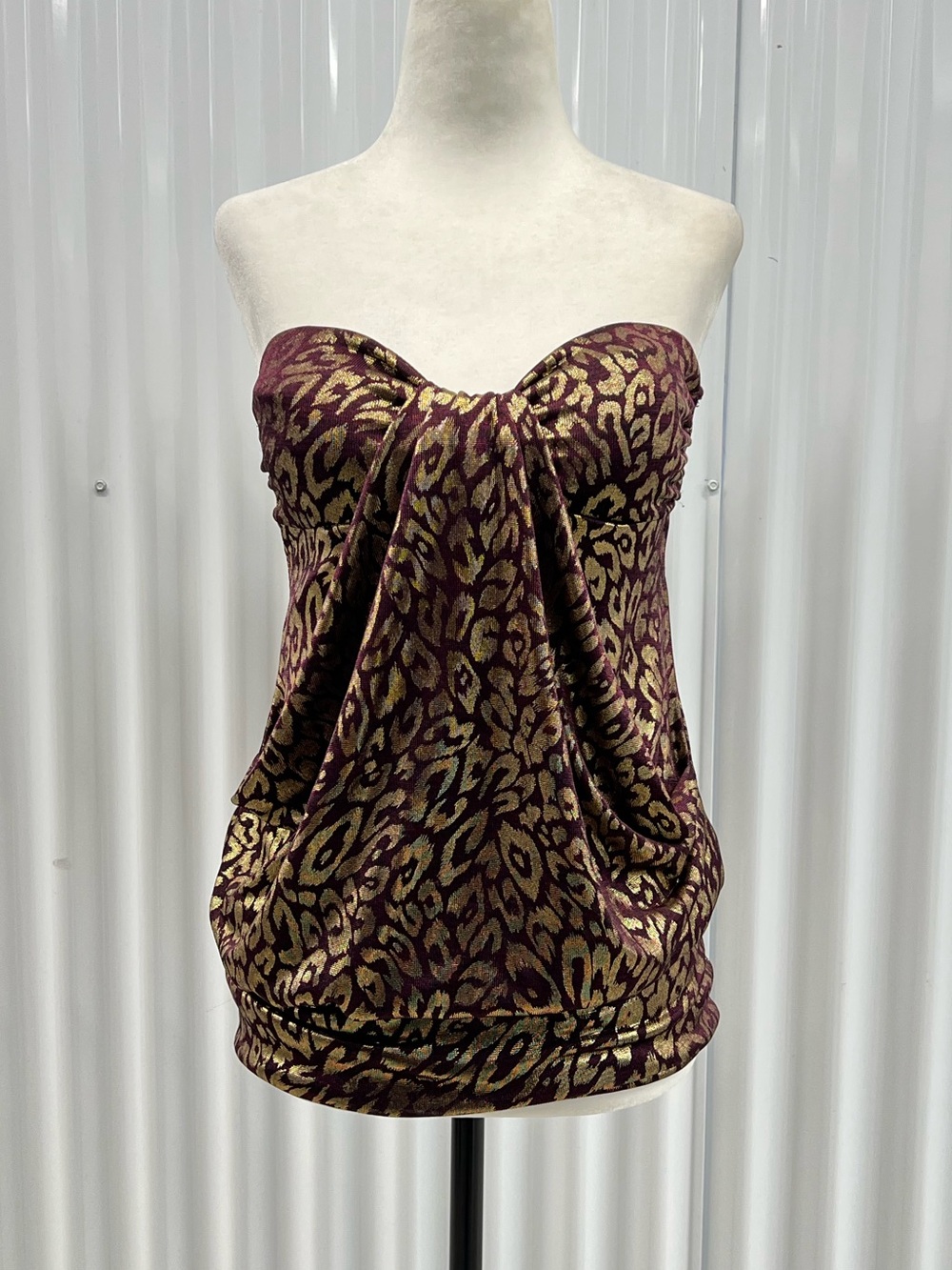 Y2K Forever 21 Metallic Gold Animal Print Strapless Burgundy Top - Size Medium